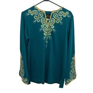 Boho Luxe Teal Embroidered Top Bob Mackie Wearable Art Statement Shirt S